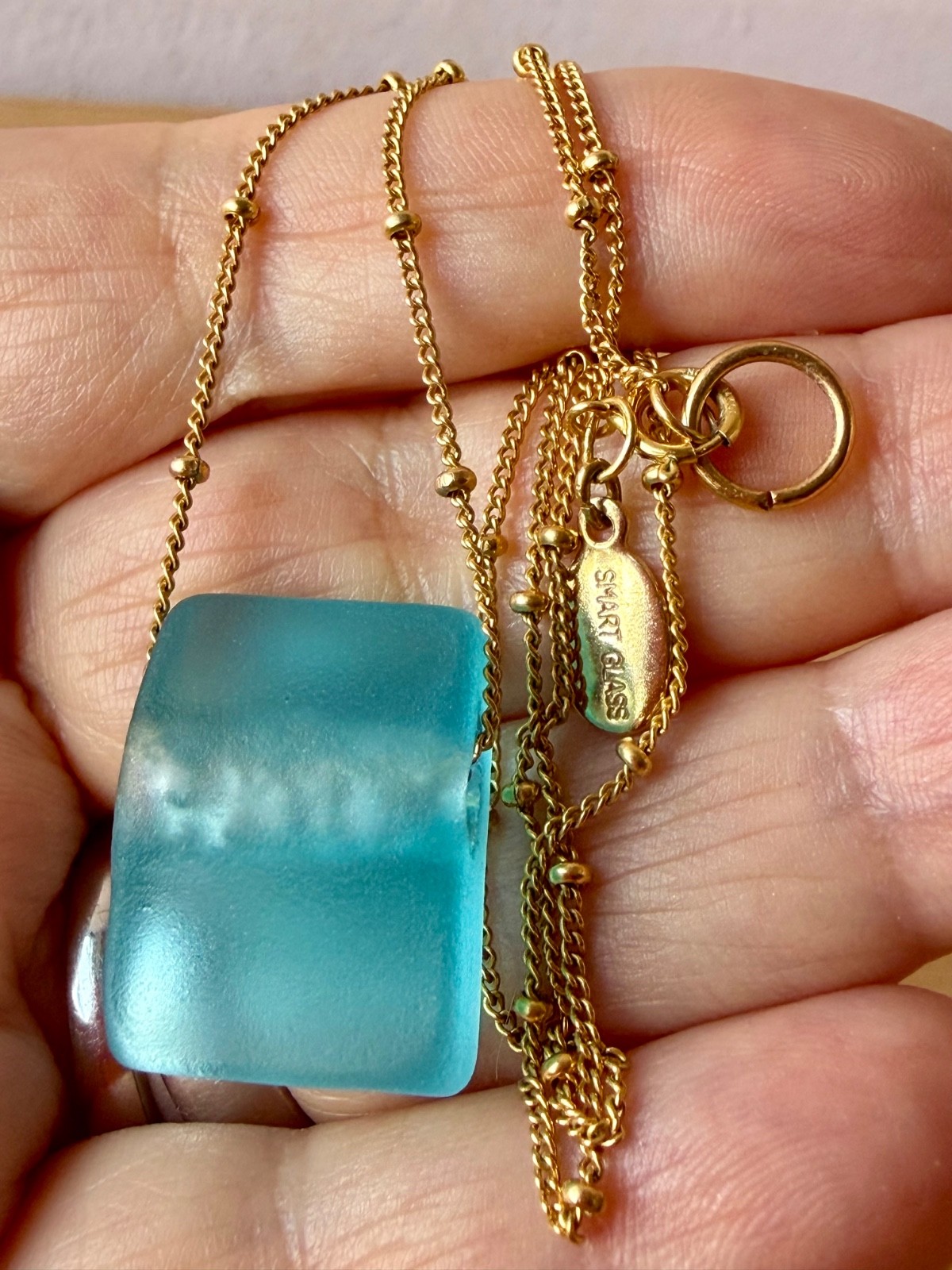 14K Yellow Gold Filled GF Turquoise Blue Sea Glass Necklace Smart Glass Designer
