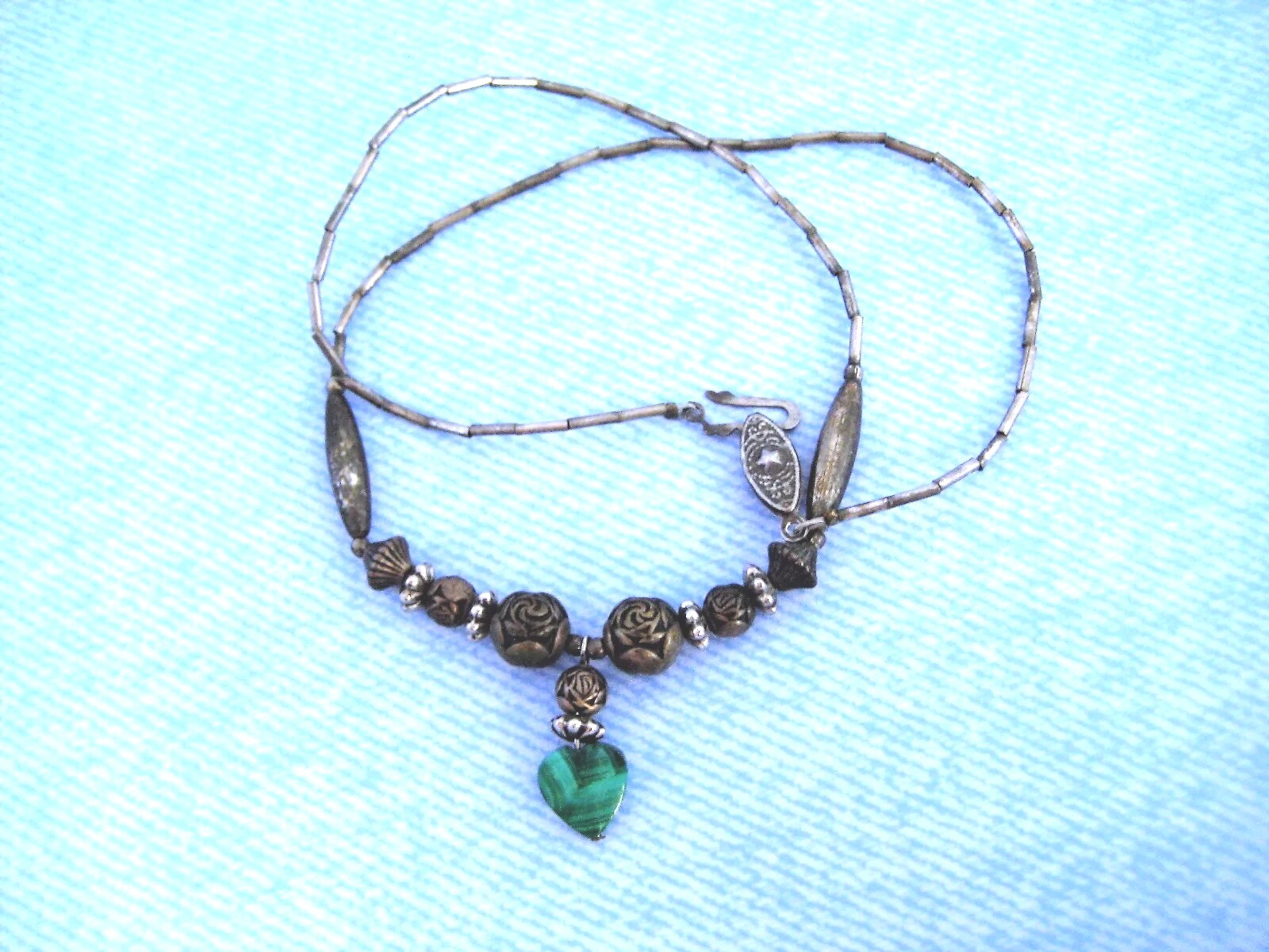 Hand Strung Vintage Silver Beaded Necklace Boho 17 Inch Green Stone OOAK