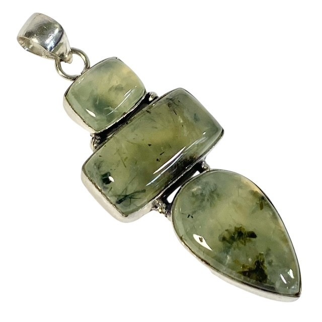 Prehnite Cabochon 3 Gemstone Ethnic Handmade Pendant 925 Silver 17.9 g 2.88″