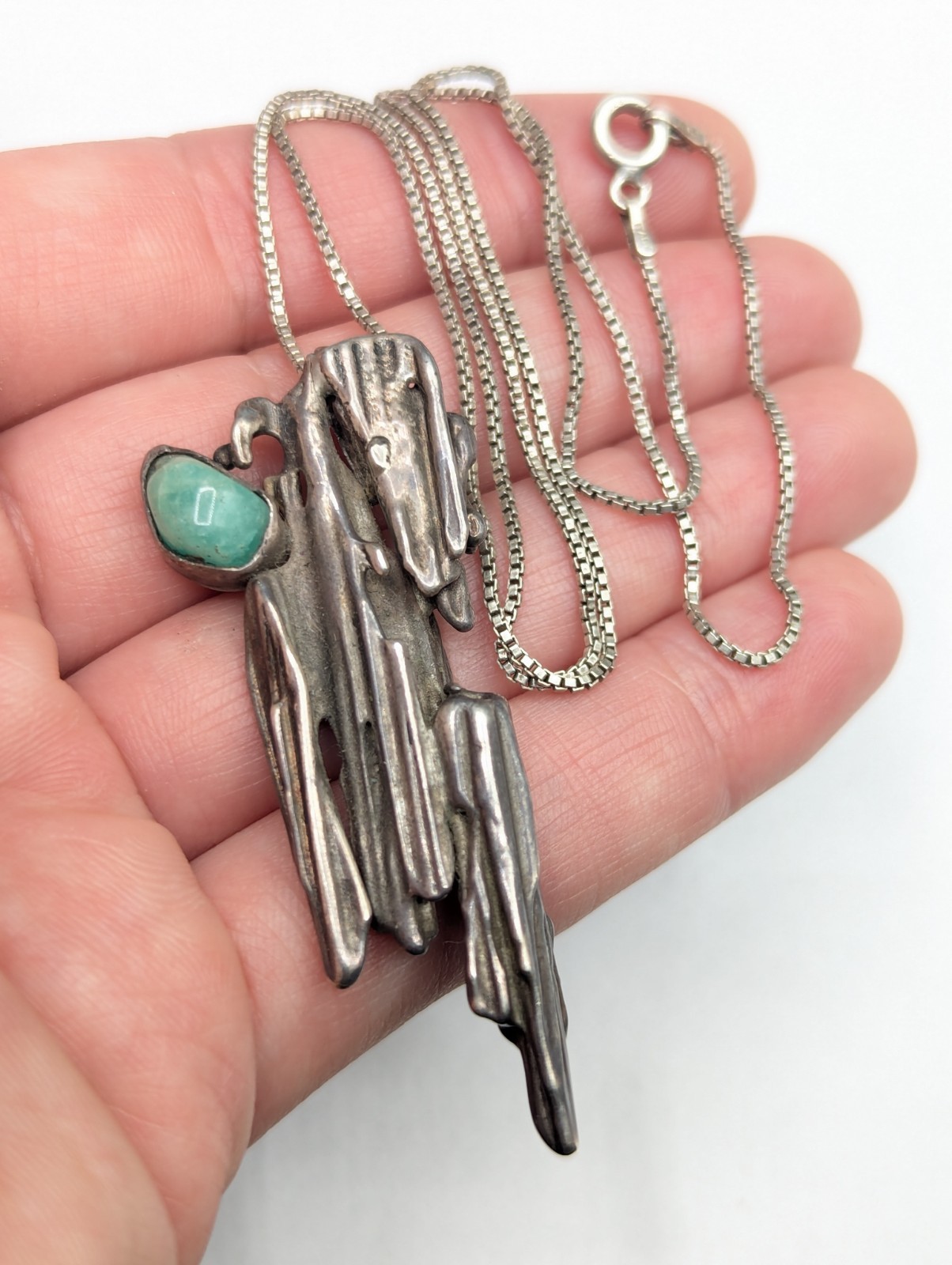 Sterling Silver Brutalist Abstract Green Natural Stone Pendant Chain Necklace