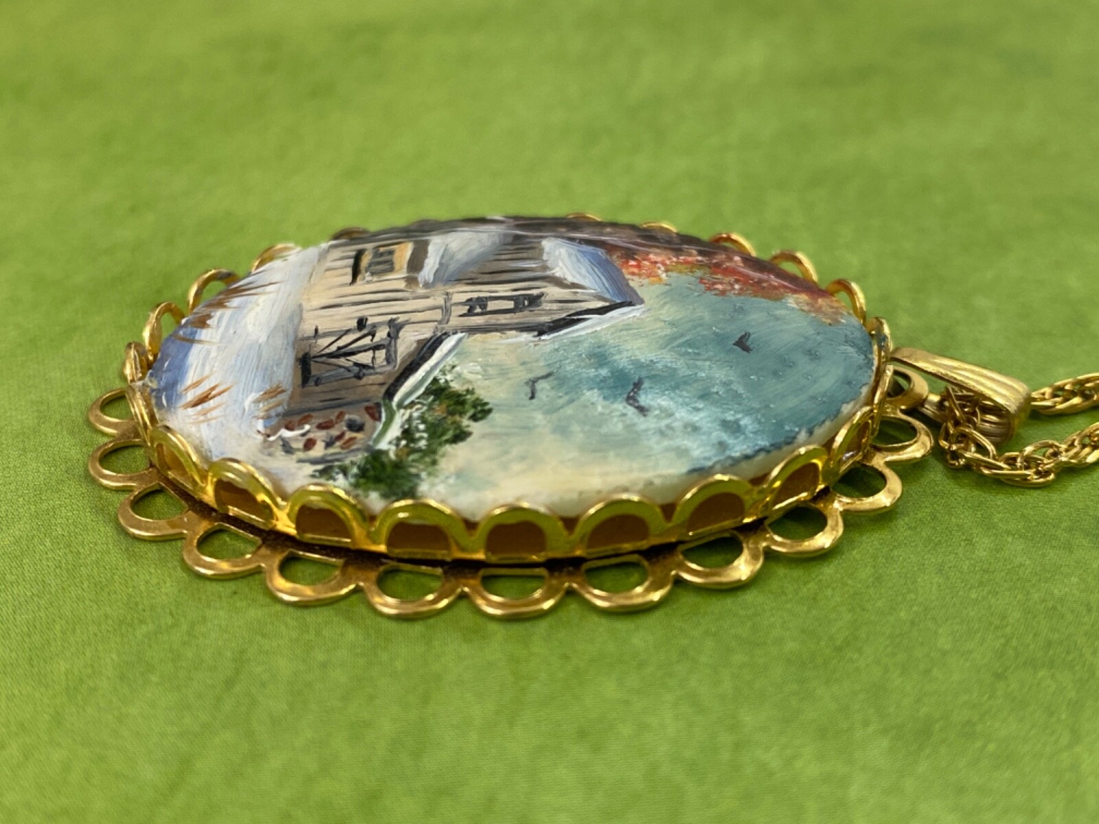 Vintage Hand Painted Egg Shell Pendant Necklace with Gold Tone Chain Old Barn