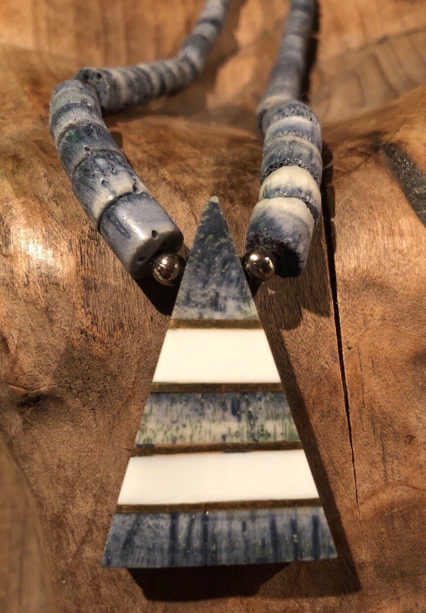 Vintage Tribal Triangle Black Glass Brass Denim Blue Lapis Beads Beach Surfer