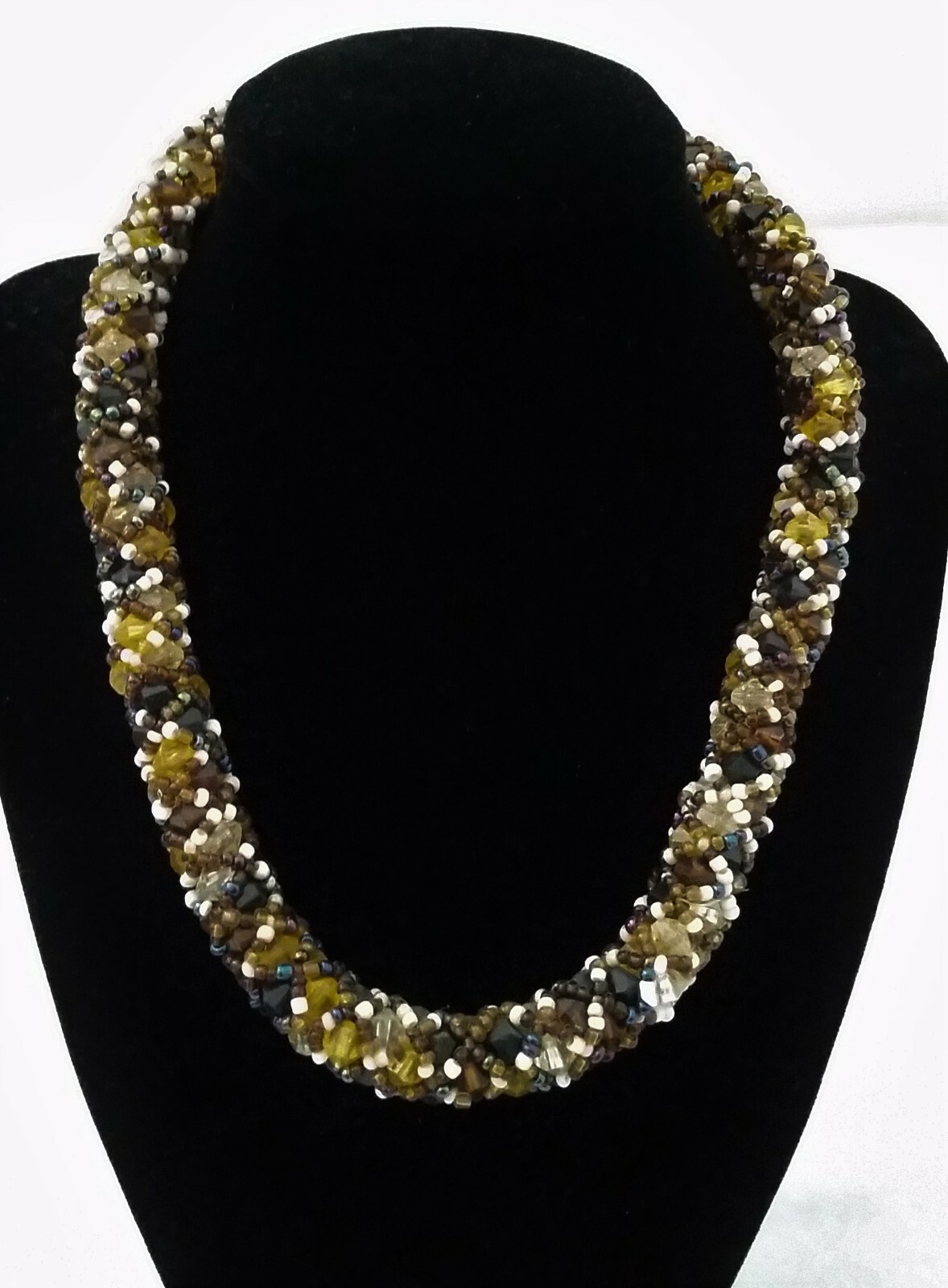 Handmade Necklace GLASS BEADS BRONZE GOLD BLUE KHAKI BEIGE Choker 18 inch Adjust
