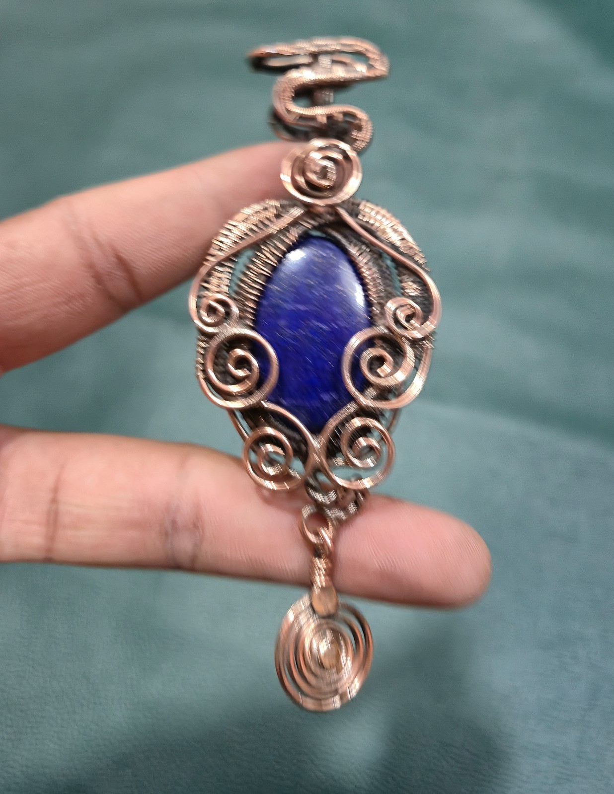 Lapis Lazuli Wire Wrapped Pendant Copper Handmade Statement Gemstone Jewelry