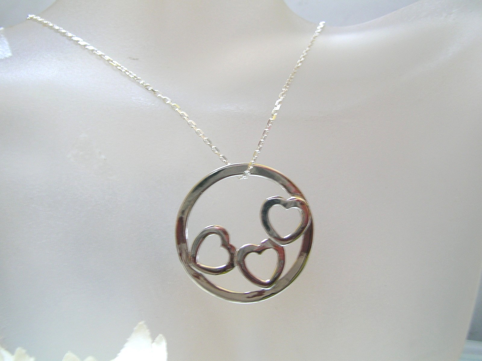Handmade Sterling silver 3 hearts in big circle slider pendant Rhodium overlay
