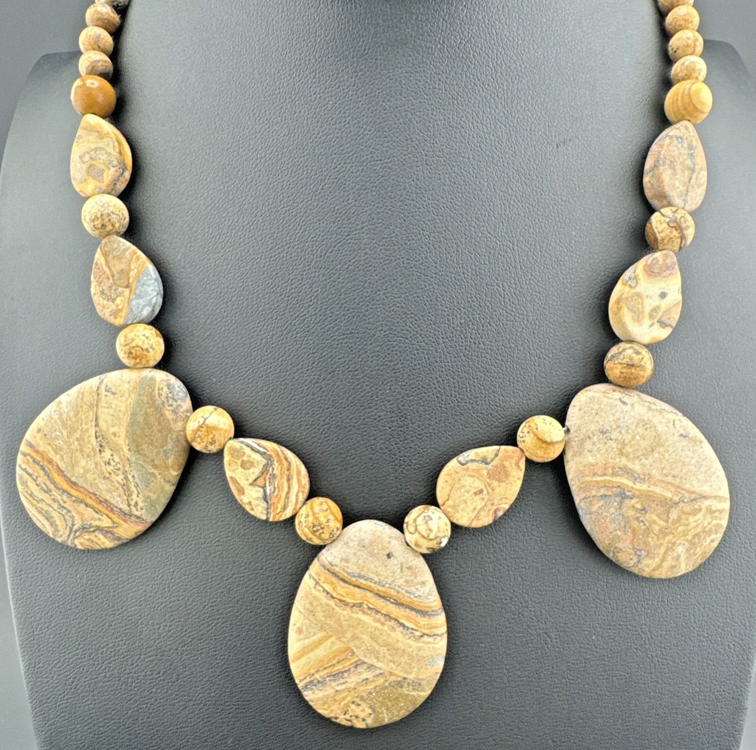 Vintage Leopard Skin Jasper and Brass Jay King Style Beaded Teardrop Necklace