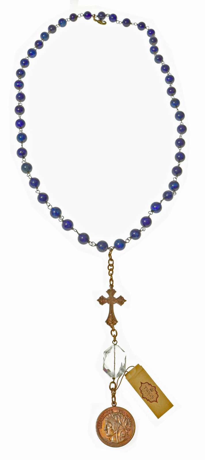 Brass Cross and Coin with Crystal Accent on Blue Lapis Necklace 32 inches USA