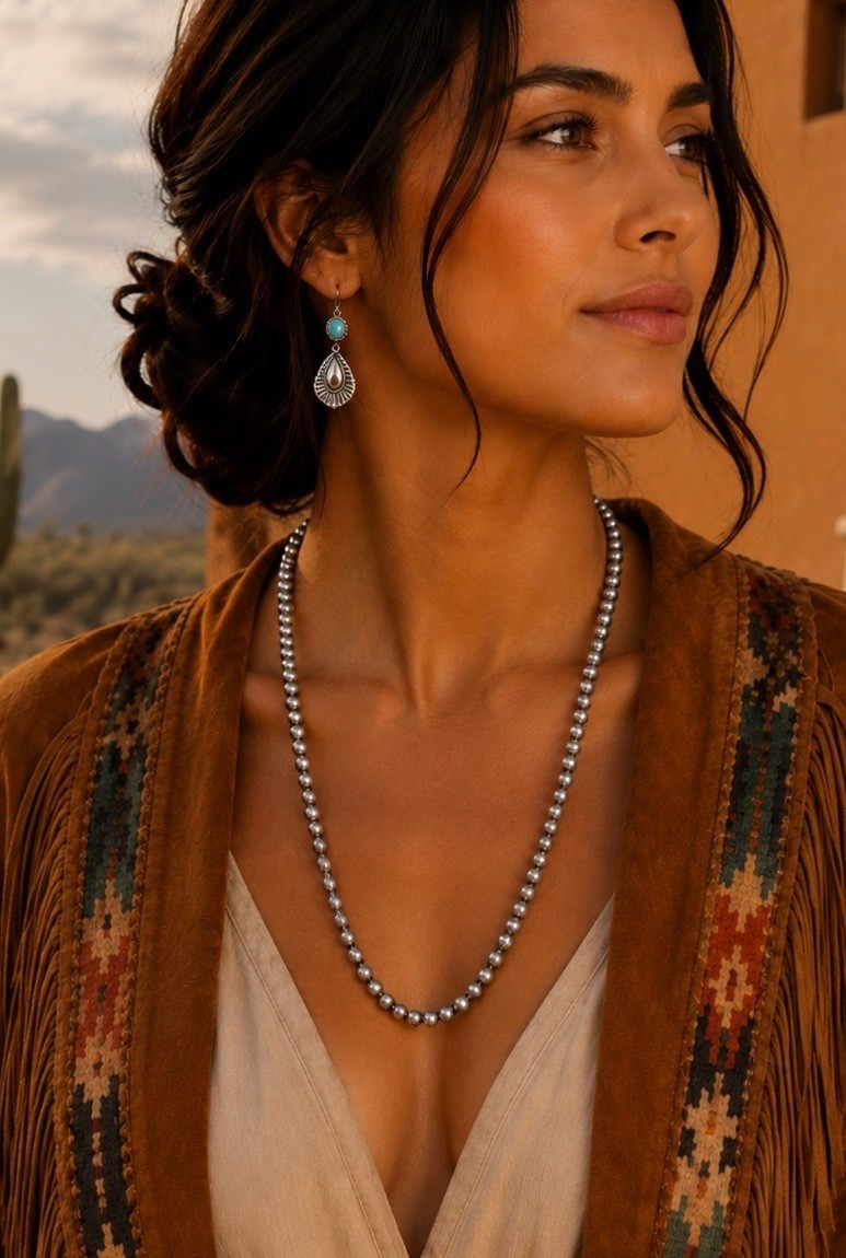 Southwest Western FAUX Navajo Pearl 8mm Beaded Costume Necklace 27″