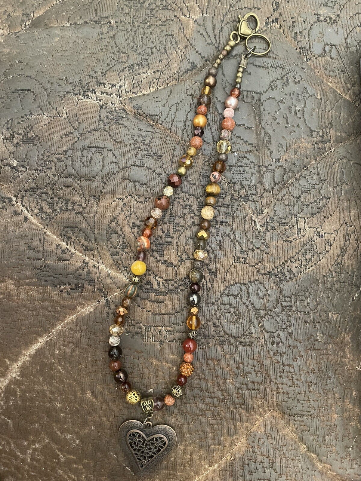 Retro Bronze Filigree Heart Pendant Obsidian Jasper Hematite Bead Necklace