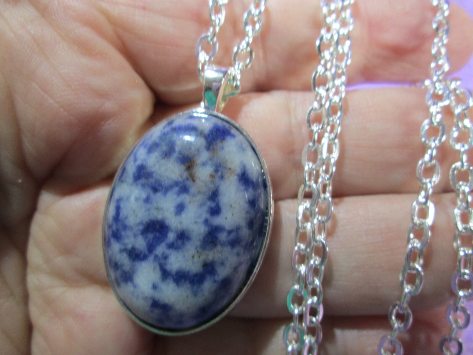 Sodalite Oval Pendant w/ 28″ Silver Plated Flat Cable Necklace / D