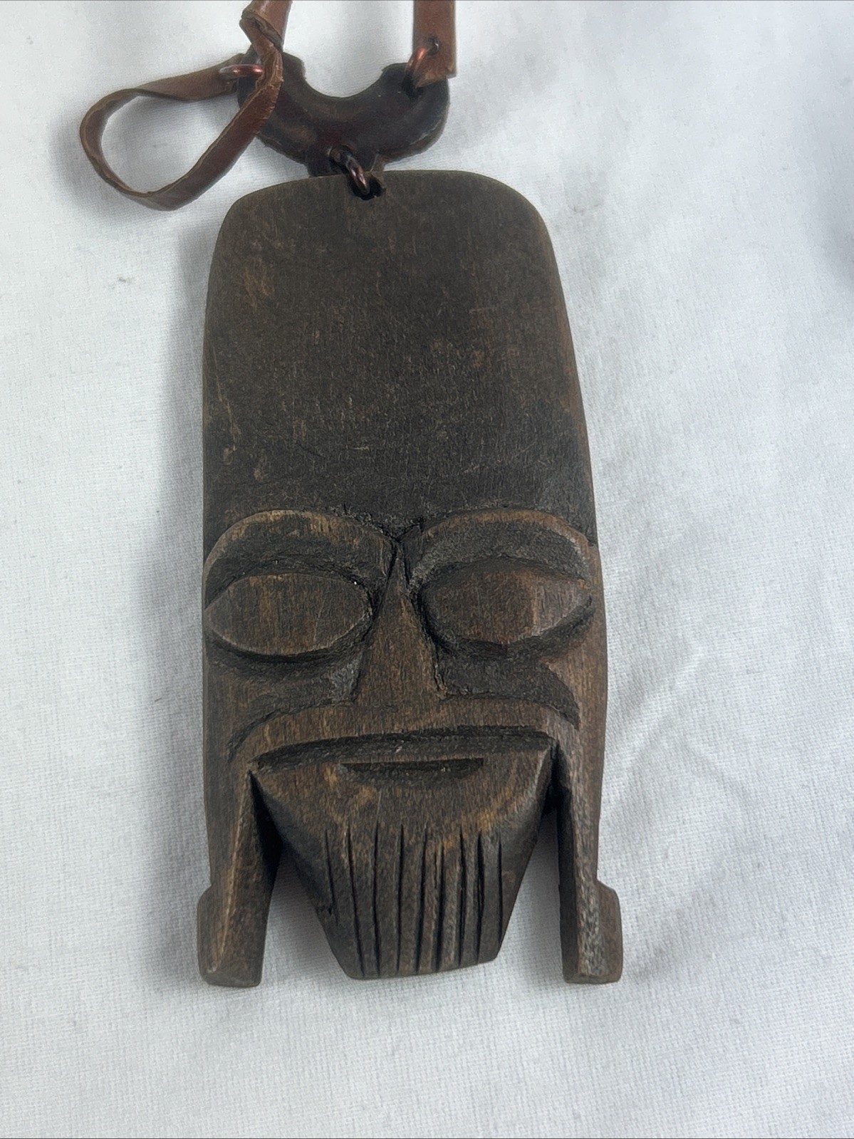 Tribal Face Necklace Carved Wood Pendant 27” Leather Cord Dark Brown Vintage