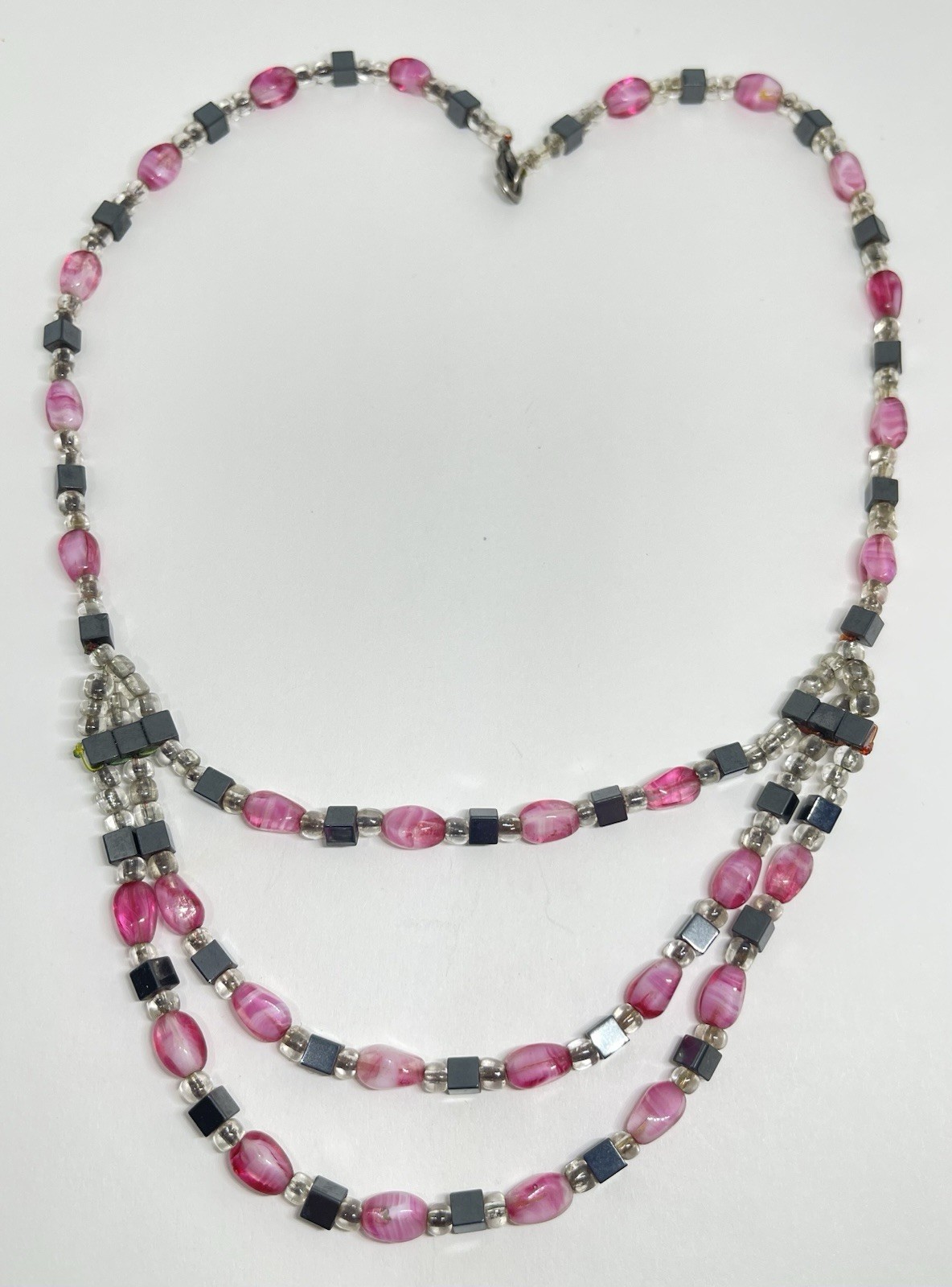 Unique Pink Swirl Glass and Clear Quartz Hemetite Cube Bib Geometric Necklace