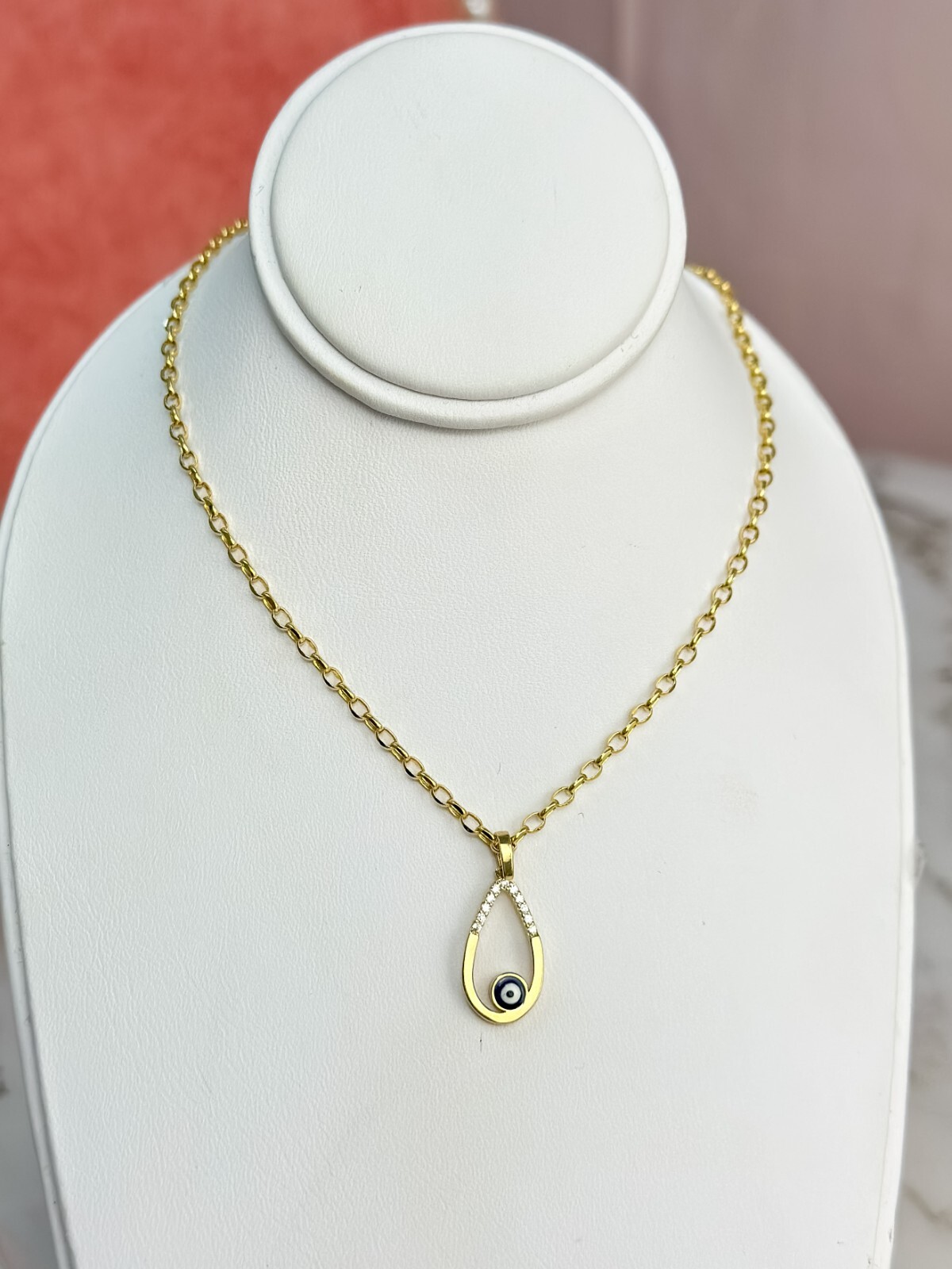 14k Solid Gold Blue Evil Eye Pendant Charm Bad Eye Necklace with CZ, Gift Women