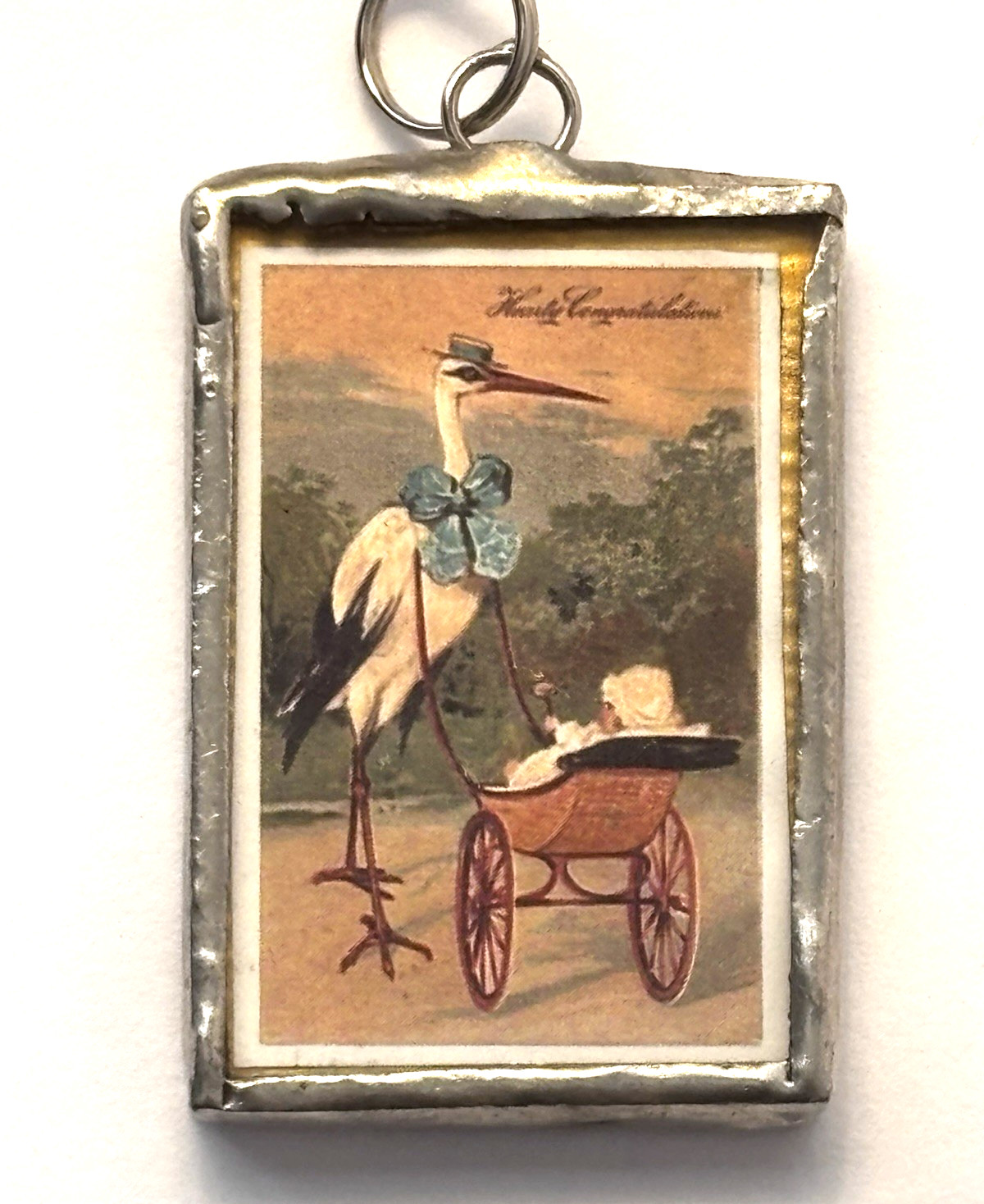 Stork with Baby Handmade Jewelry Mirrored Back Soldered Pendant 1″ x 1.5″ NEW