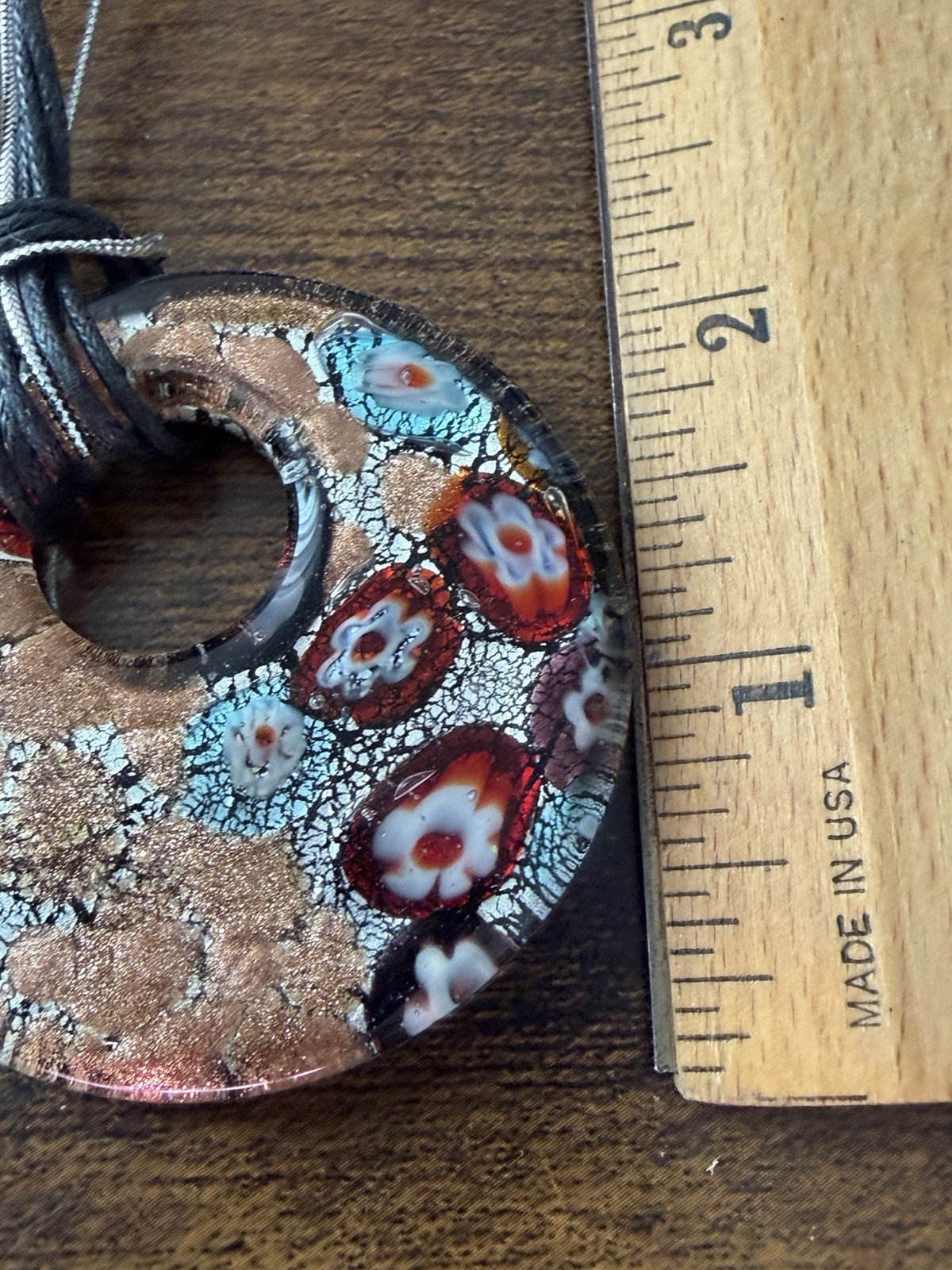Italian Murano Style Millefiori Glass Pendant Gold Aventurine Necklace 2”