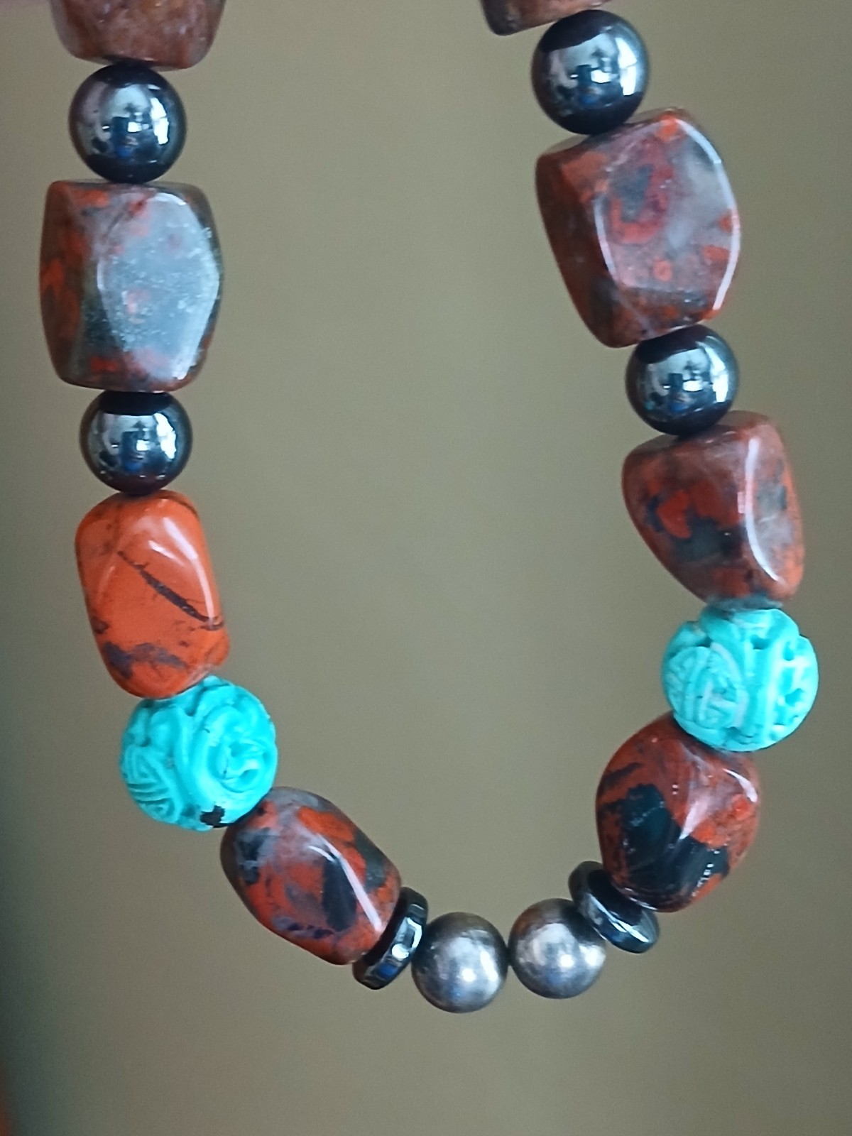 Red Jasper Stone Necklace With Carved Turquoise And Hematite Beads 19″
