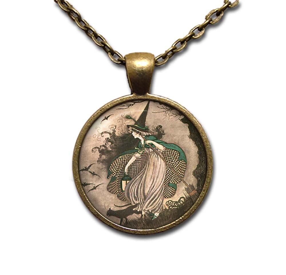 Ida Outhwaite Witch Book Lovers Halloween Handmade ROUND Glass Pendant Necklace