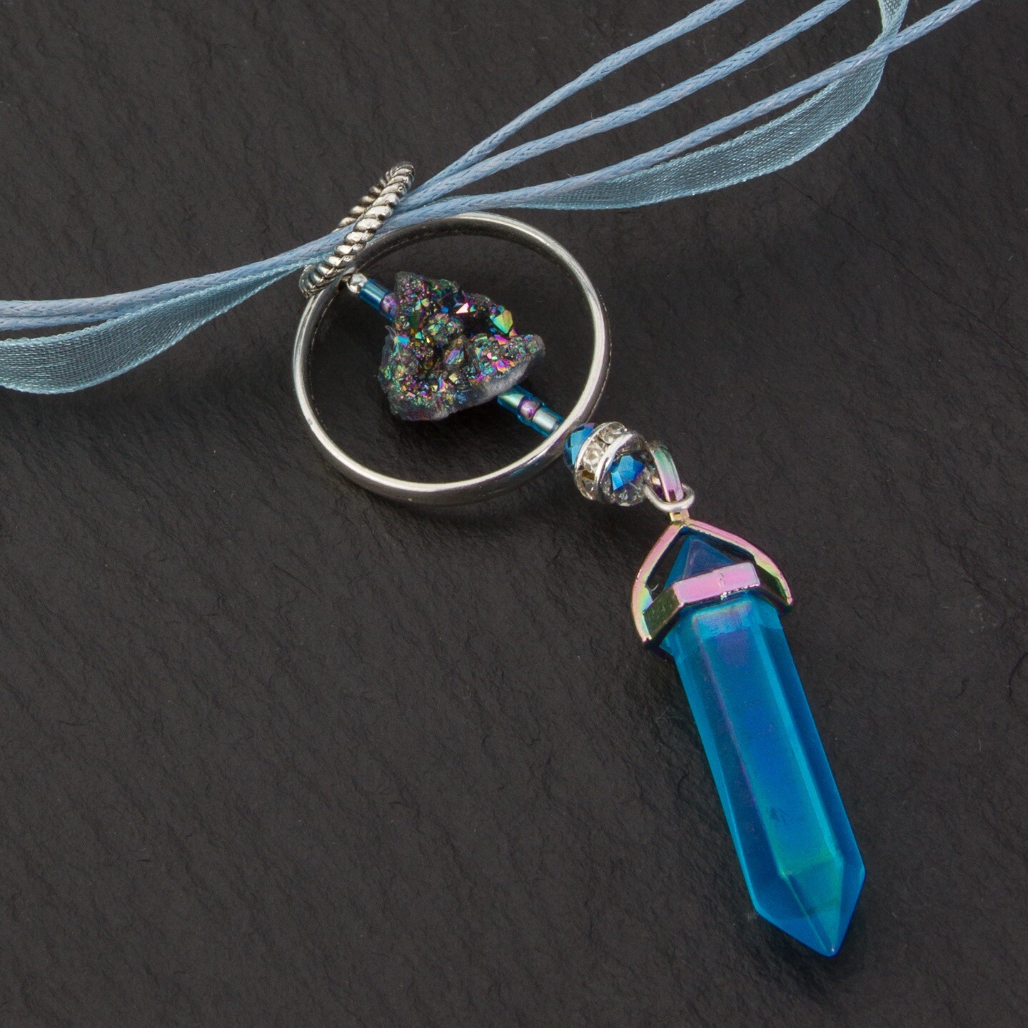 Aqua Aura Quartz Crystal Pendant with Necklace Gem Czech Crystals Grift P0001