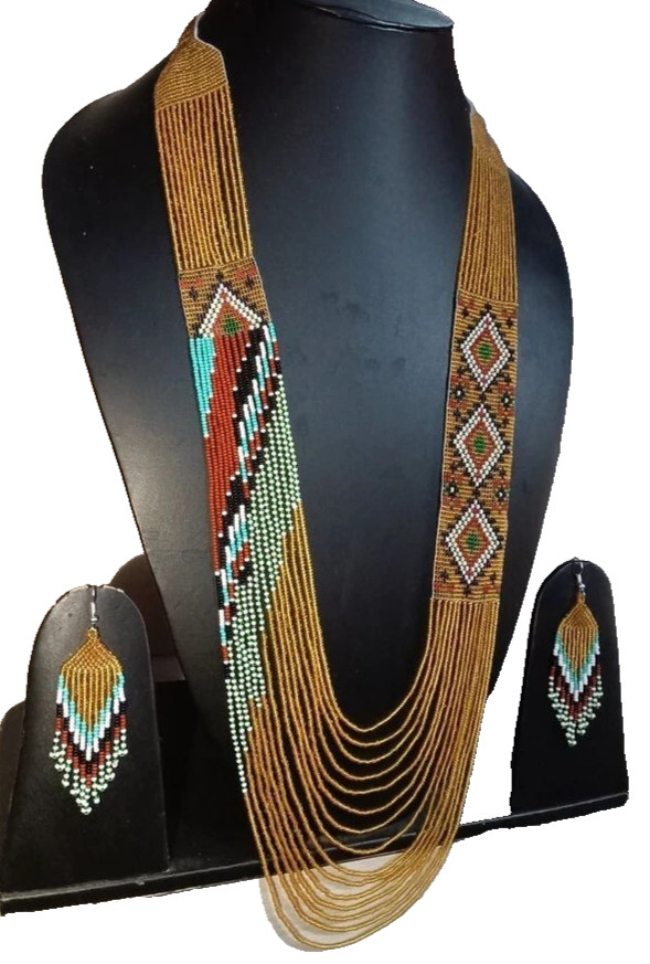 Handmade Necklace Seed Bead Boho American Style Nativ Beaded Multi Strand Blue