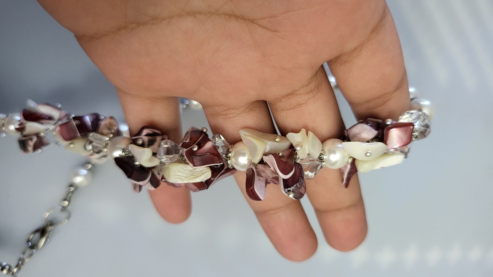 bead Cluster Necklace. Chip nugget white and pink shell bead
