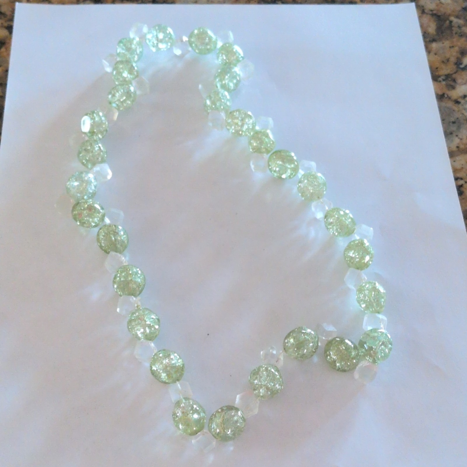 Handcrafted Beaded Glass Necklace Light Green Crackle Clear Beads No Stone Women