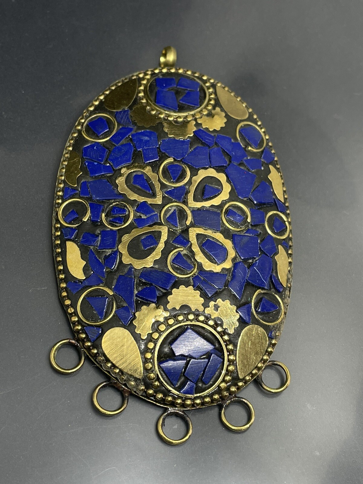 Vintage Handmade Moroccan Brass Tone Lapis Mosaic Inlaid Stone Oval Pendant