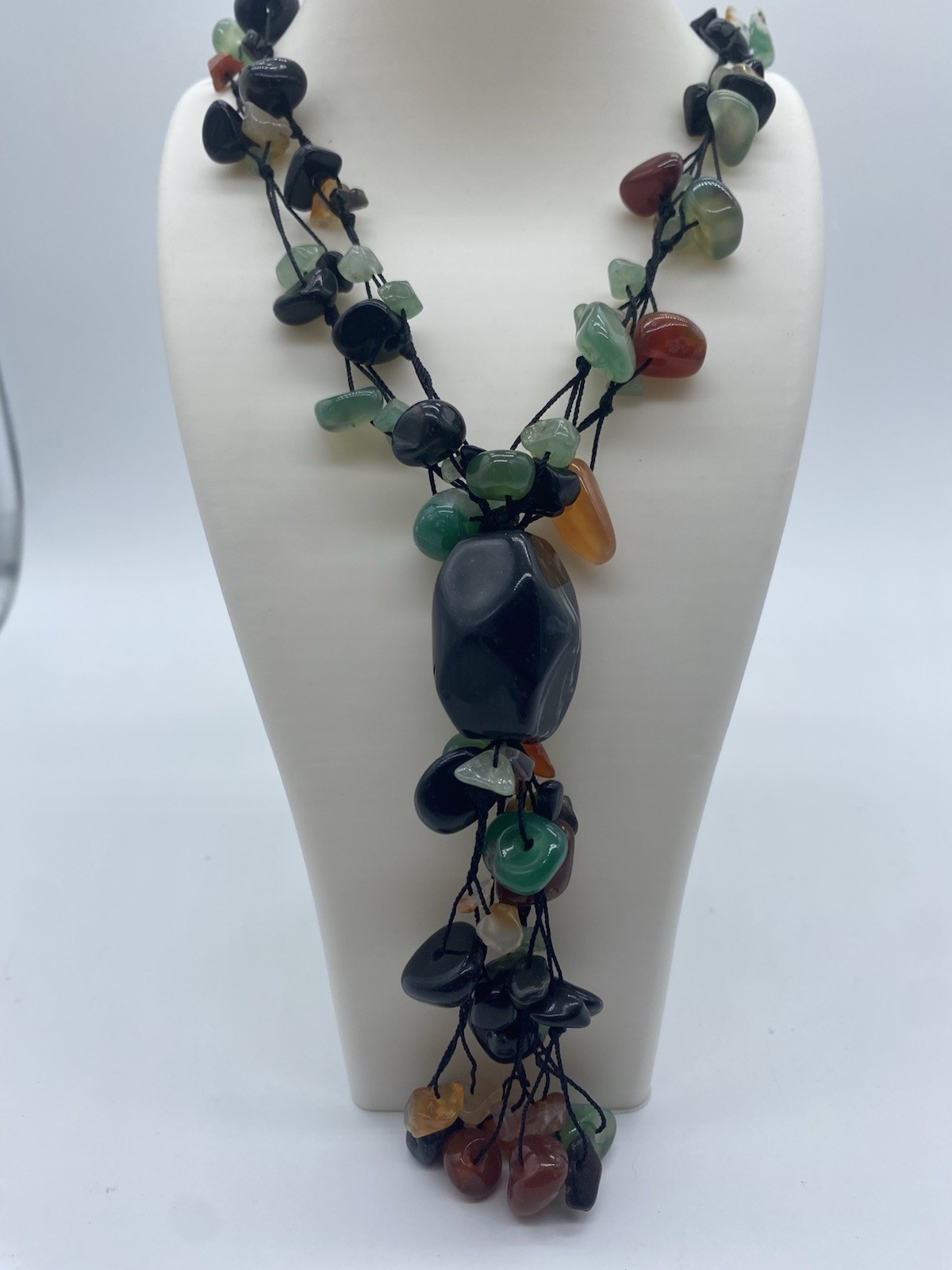 Gemstone Agate/Chrysoprase Beads and Cord Statement Lariat Necklace AB3