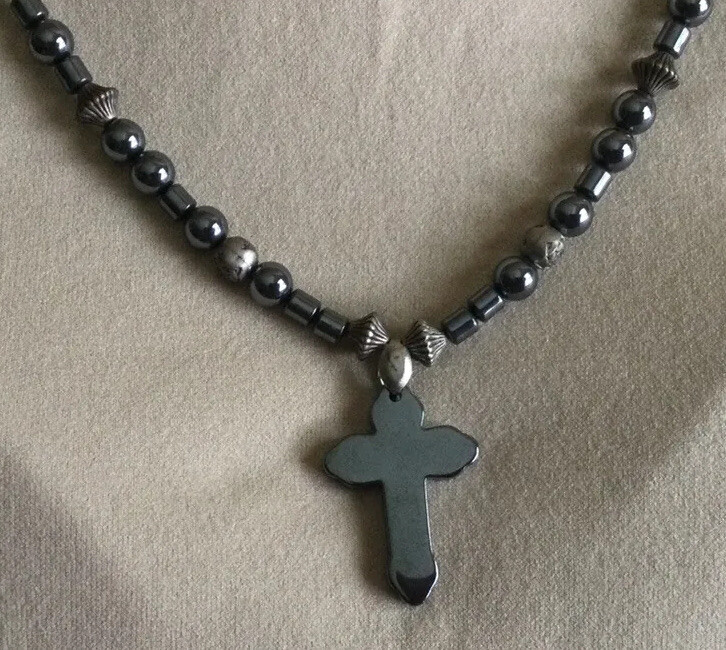 Cross Pendant 16” Necklace Hematite Stones Handmade One Of A Kind