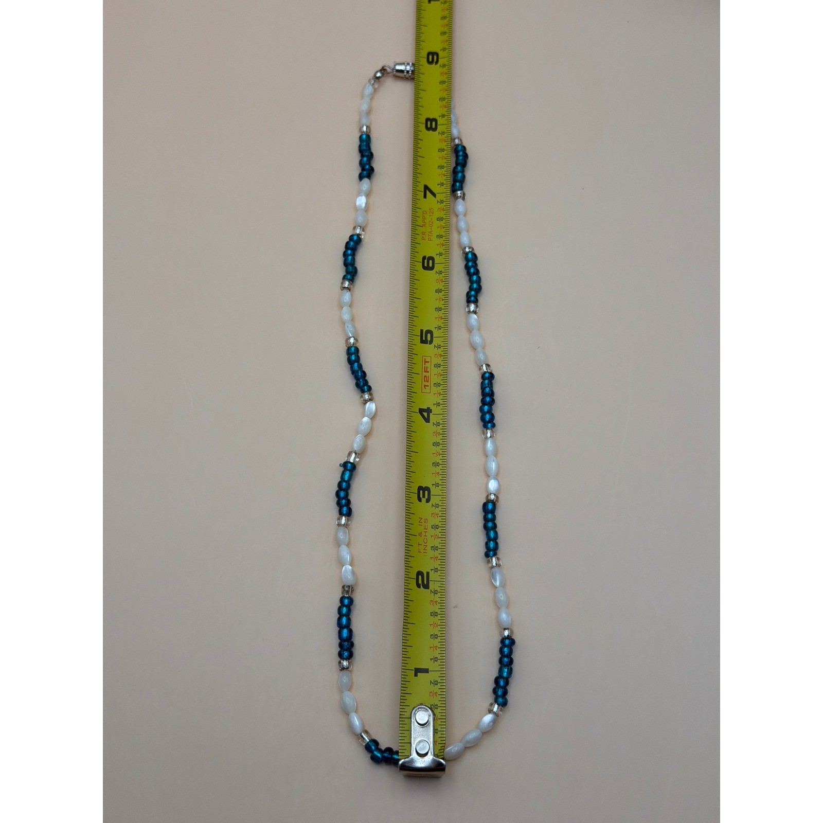 Handmade Teal Blue and White Beaded Necklace with Magnetic Clasp 18 Inch