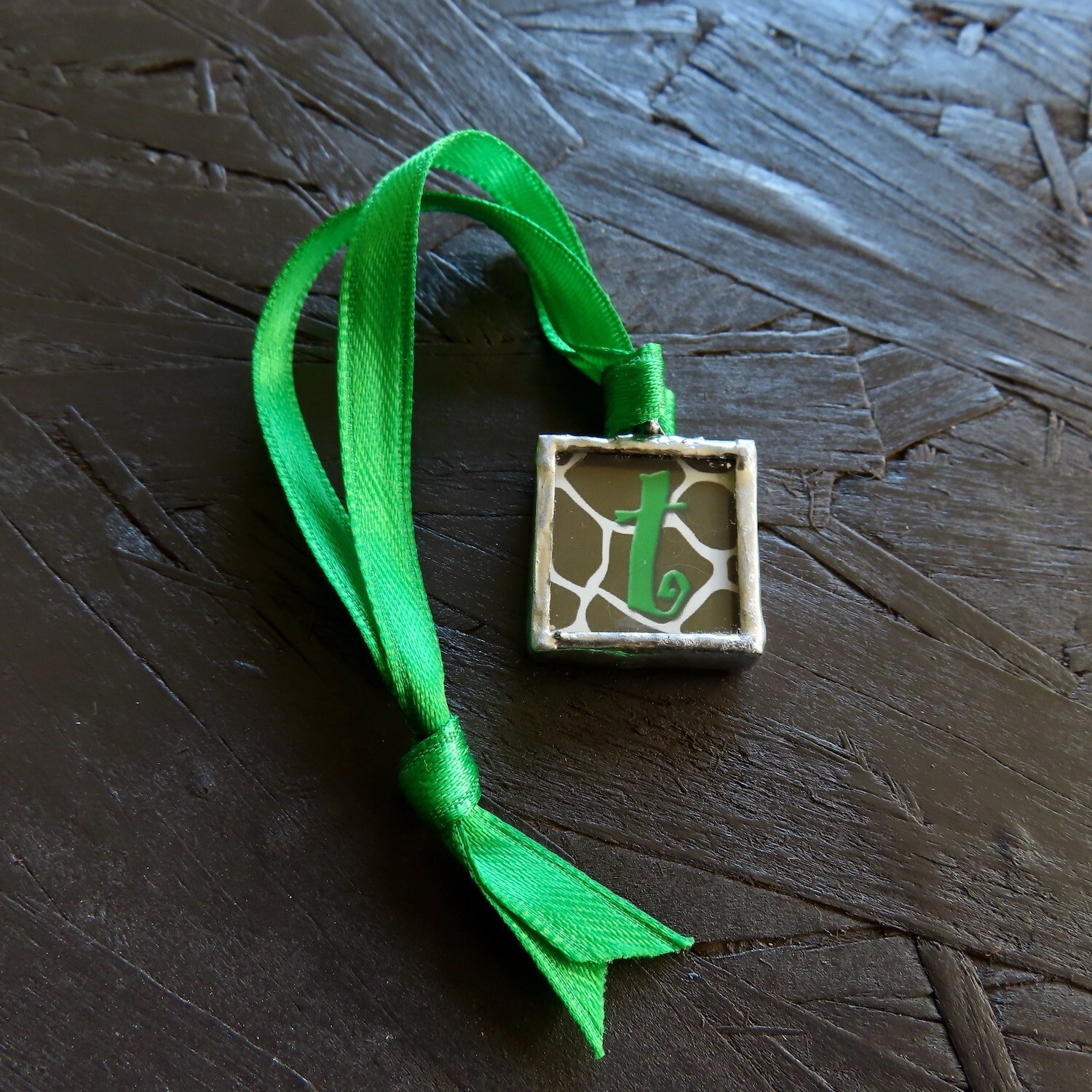 Vtg Letter T Soldered Glass Pendant Charm Two Sided Reversible Handmade Bauble