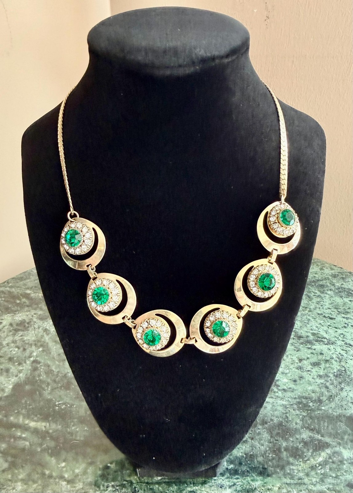 Art Deco Uranium Czech Glass Necklace, Vintage Emerald Green Rhinestone Statemen
