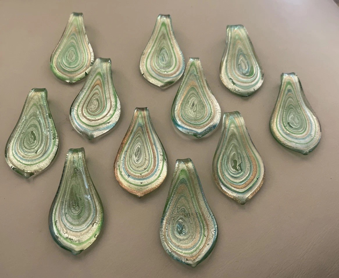 Lot of 3 Glass Pendant Handmade Green Gold Spoon Shape