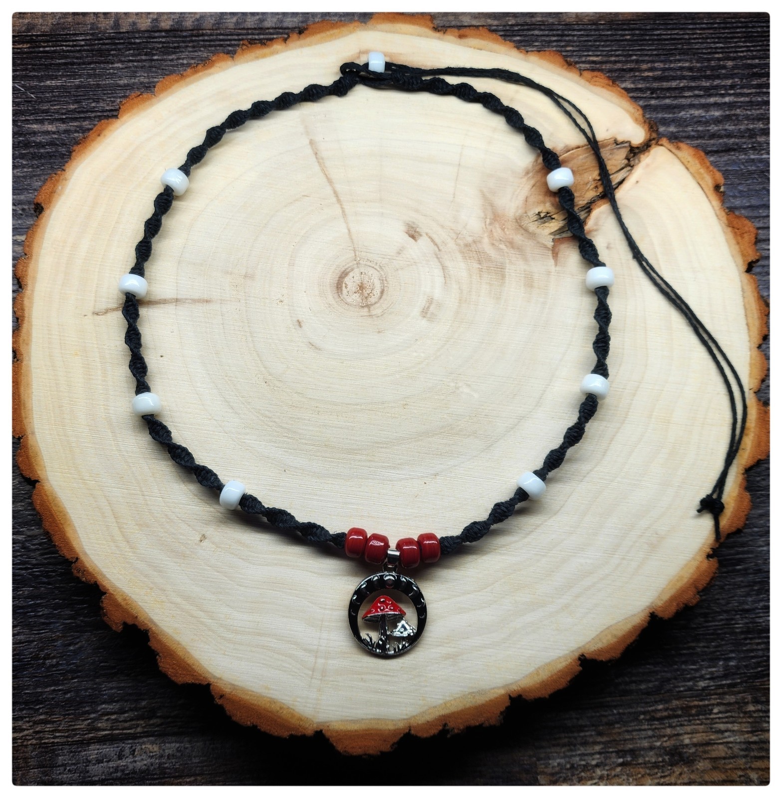 Black Hemp Mushroom Celestial Moon Phase Necklace W/ Glass Beads
