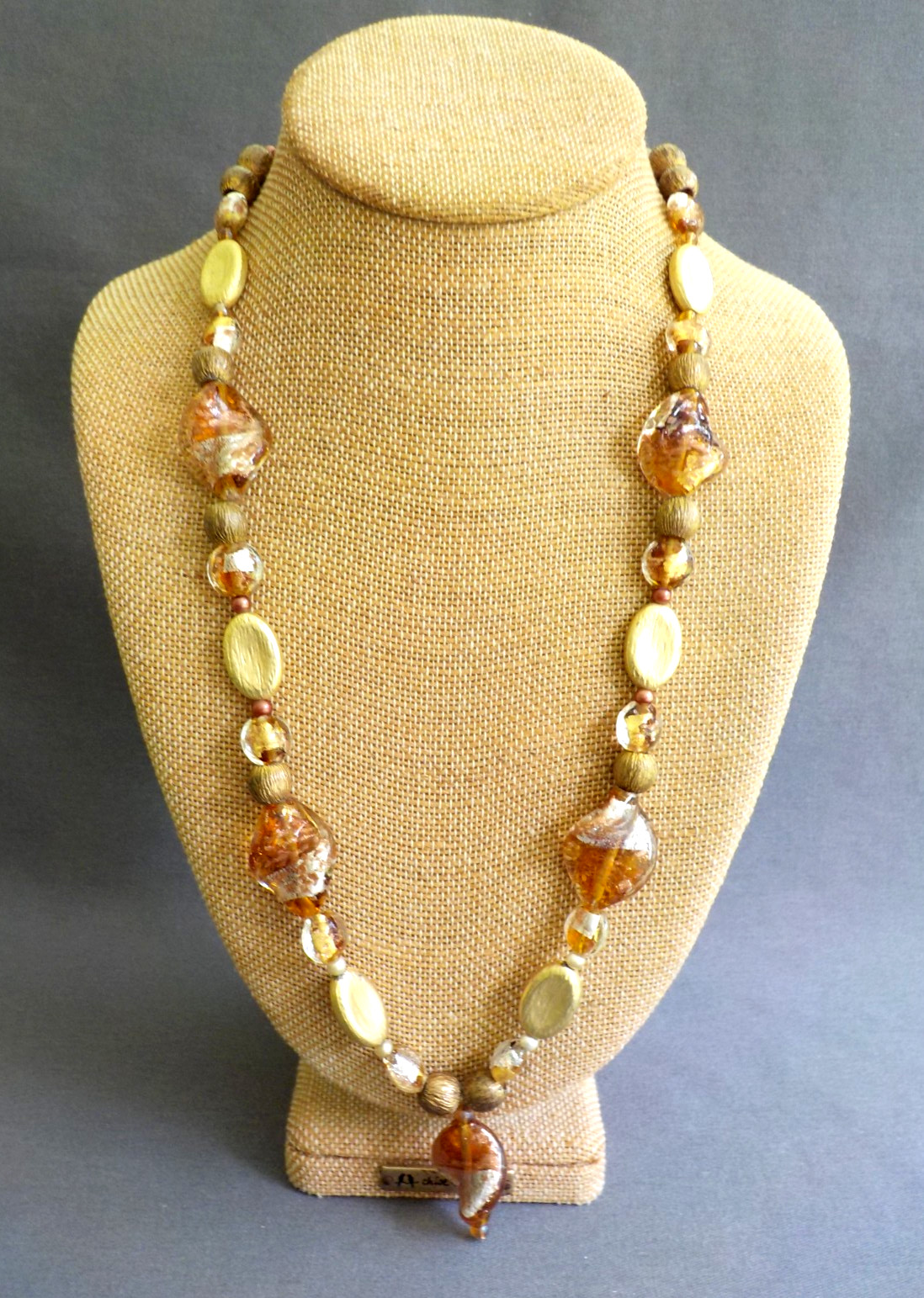 Gold Foil Glitter Twist Pendant Necklace Bead Glass Tone Metal 24″ Long Teadrop