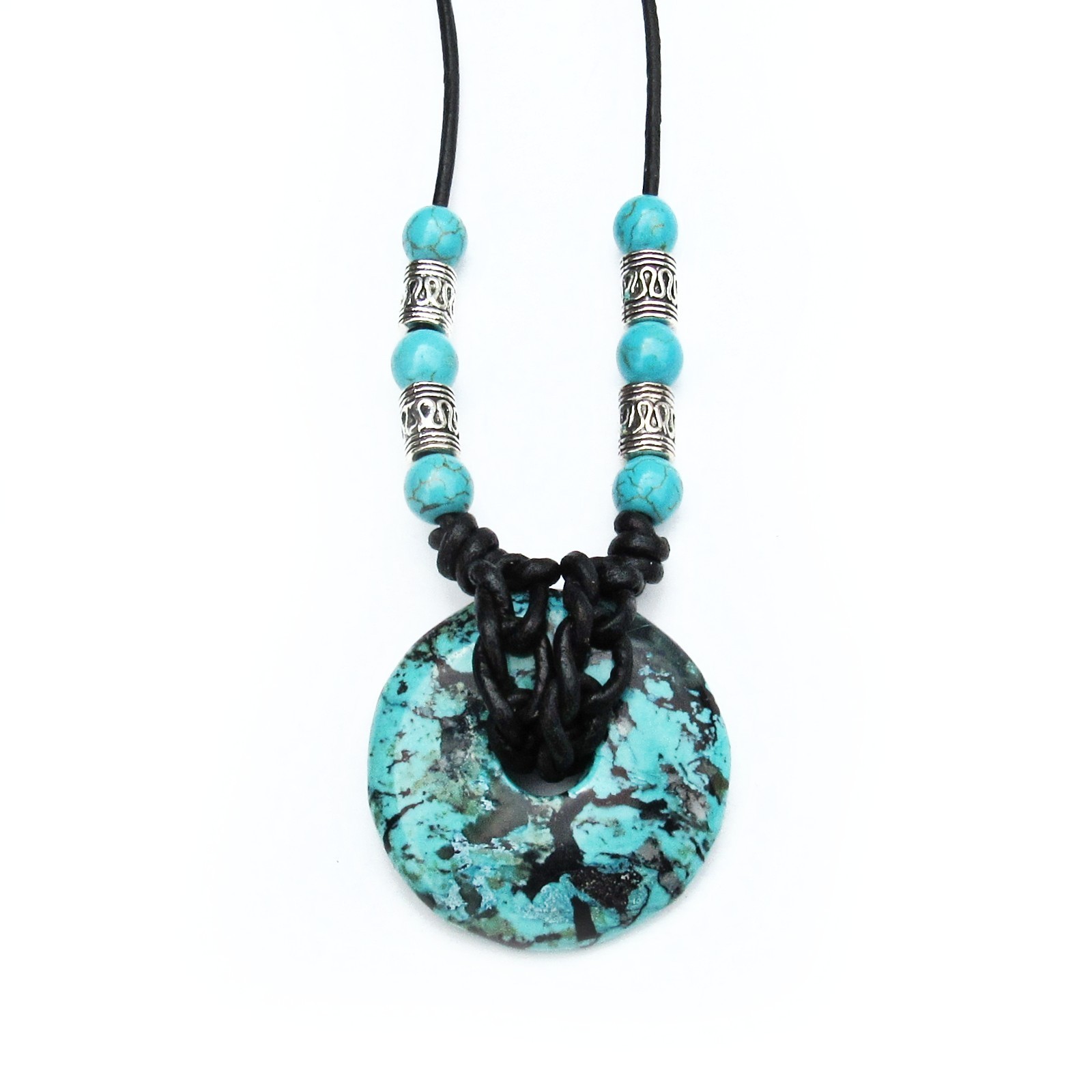 Real Turquoise Stone Donut Pendant Leather Necklace, 27 Inches Long, Magnesite