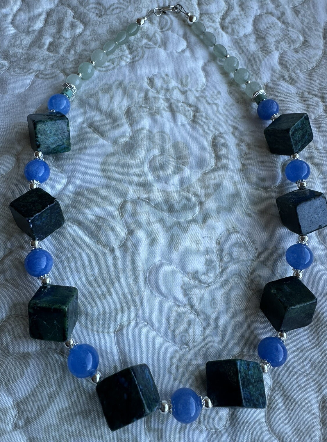 Chunky Statement Gemstone Chrysocolla Cube & Kyanite Beaded Necklace -Handmade