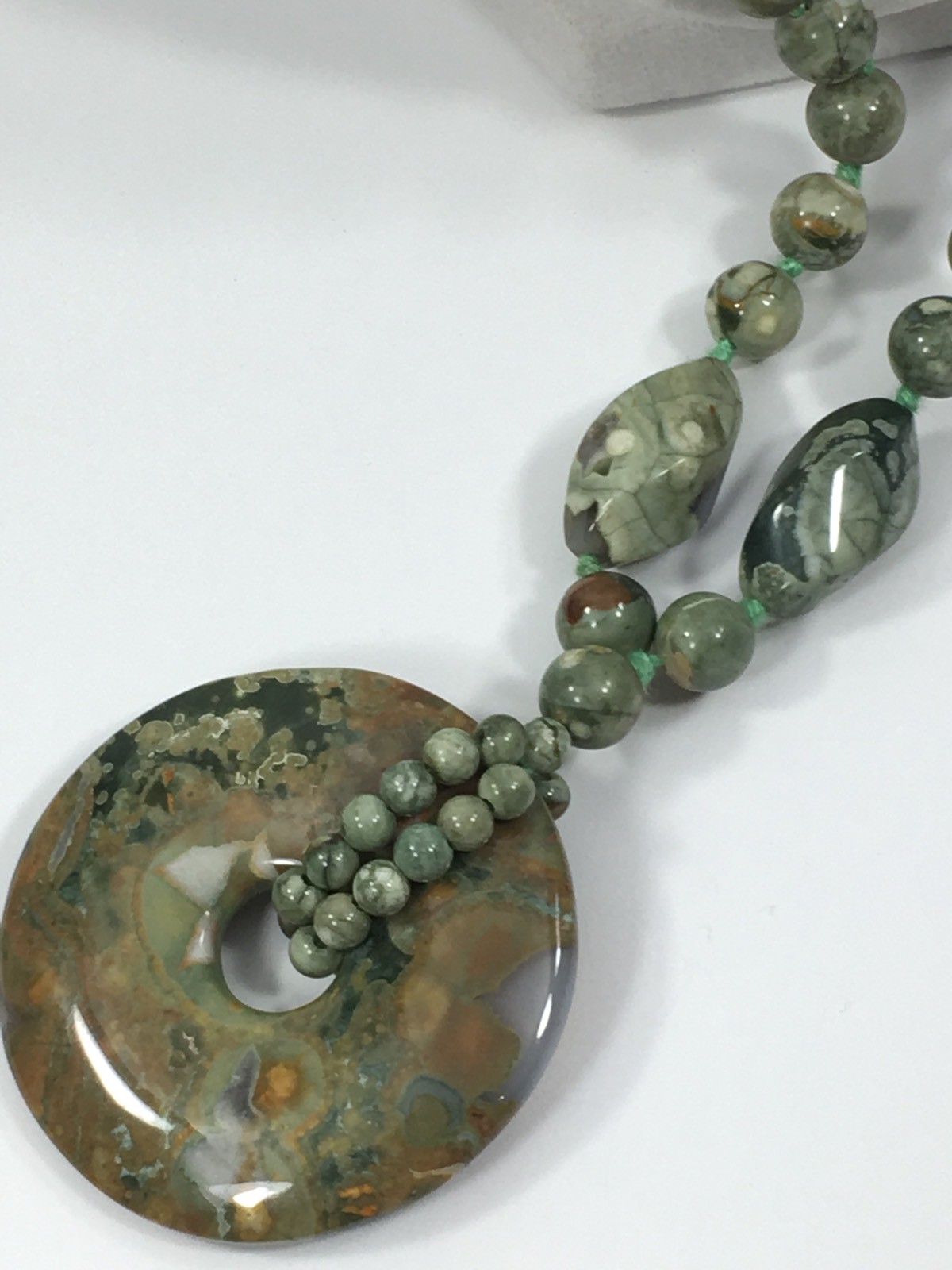Carved Ocean Jasper Knotted Bead Long Necklace 28” Heaven Earth Disc 2” Pendant