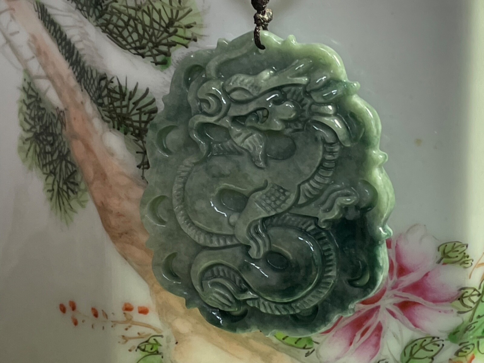 Green Dragon Jade Pendant Amulet Unisex 50x45mm Beaded Cloth Cord Good Luck