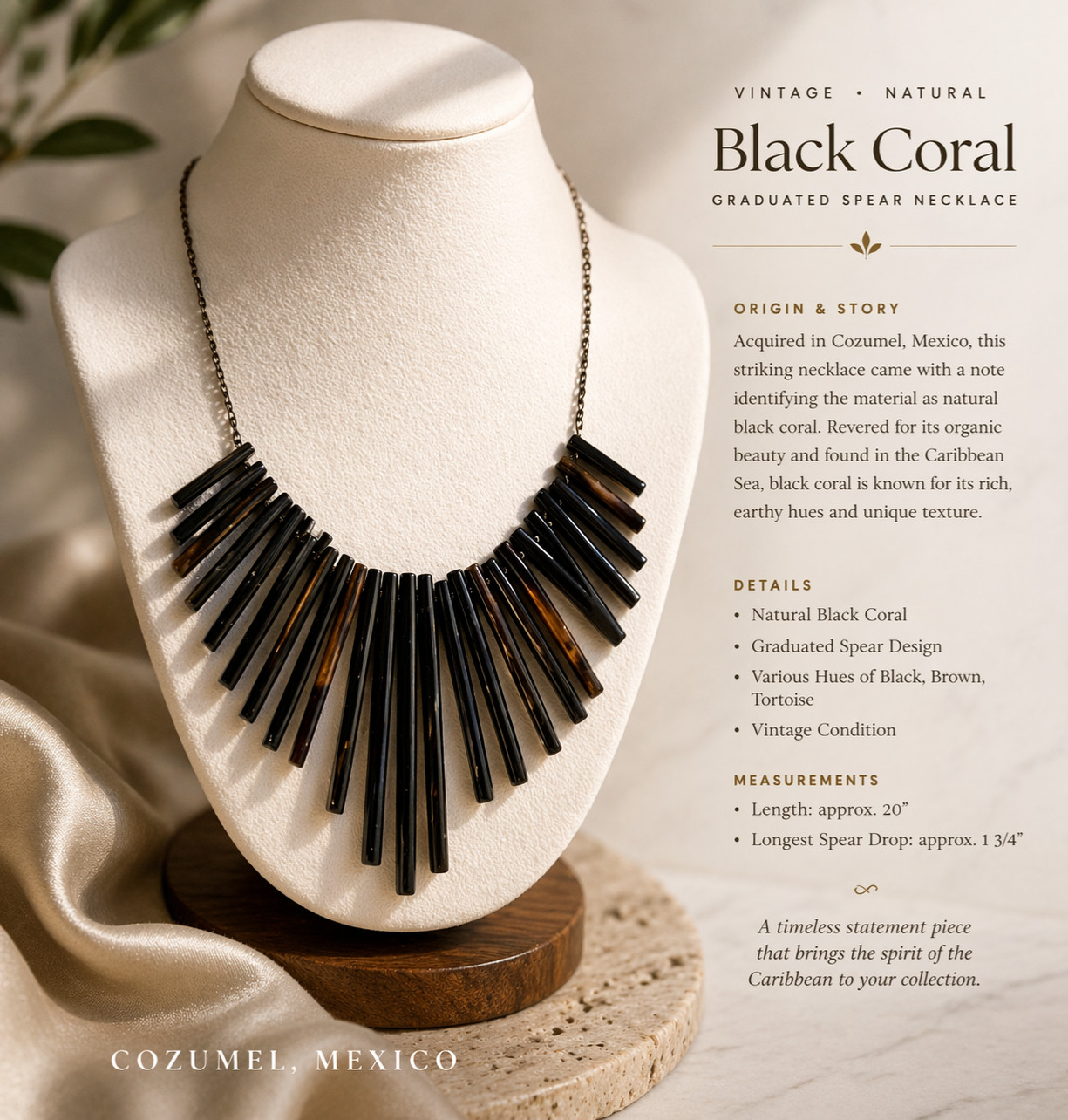 Vintage Natural Black Coral Necklace Cozumel Mexico Graduated Spear Fringe 925