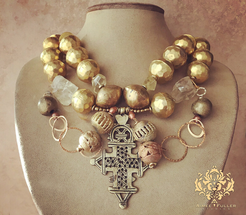 Aimee Fuller African Pendant Statement Necklace Brass Coptic Cross Topaz Quartz