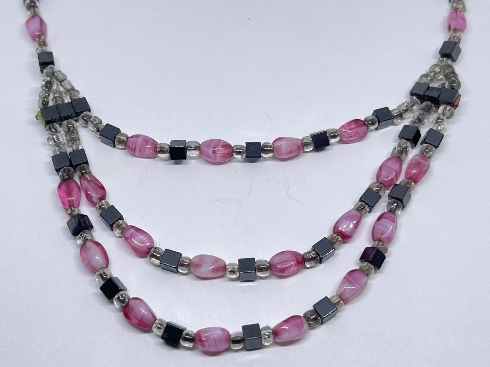 Unique Pink Swirl Glass and Clear Quartz Hemetite Cube Bib Geometric Necklace