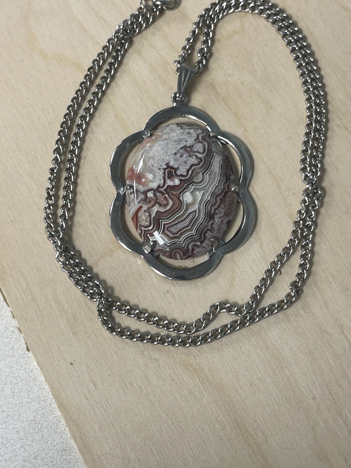 Crazy Lace Agate Large Oval pendant & necklace Set-Silver Tone-24”