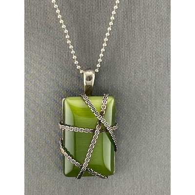 RMN Green Cat’s Eye Glass Pendant Necklace Sterling Chain Chatoyant
