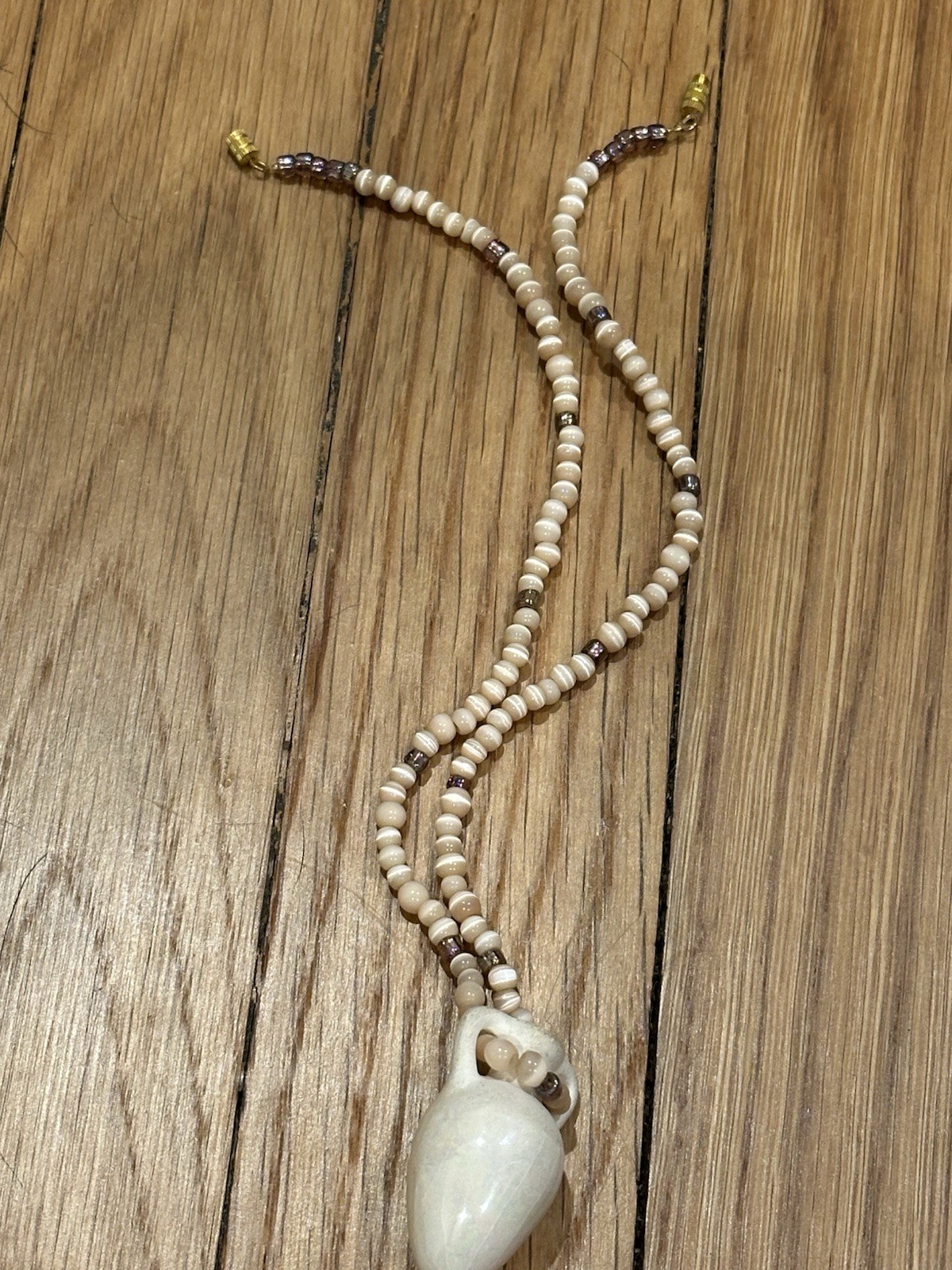 Boho Ceramic Amphora Pendant Necklace Cat’s Eye Beaded Vintage Artisan Jewelry