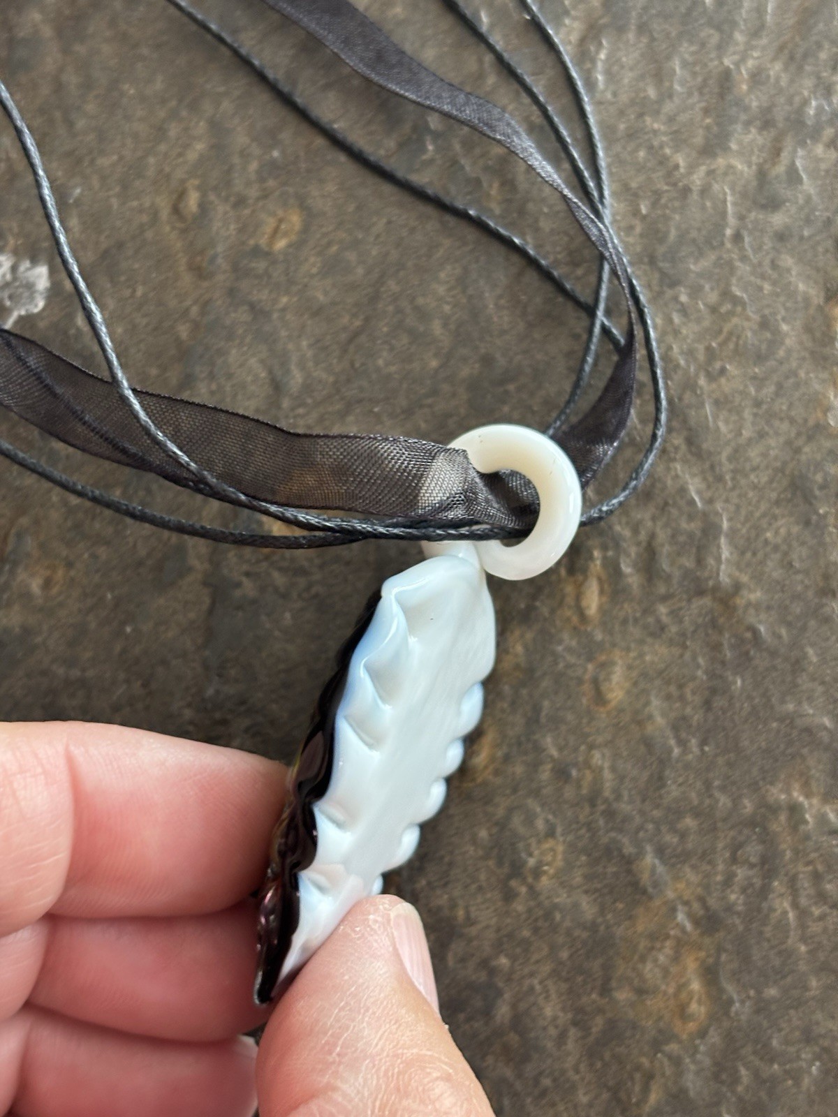 Art Glass Pendant With Black Cord & Ribbon Chain Boho Artsy Grandmacore