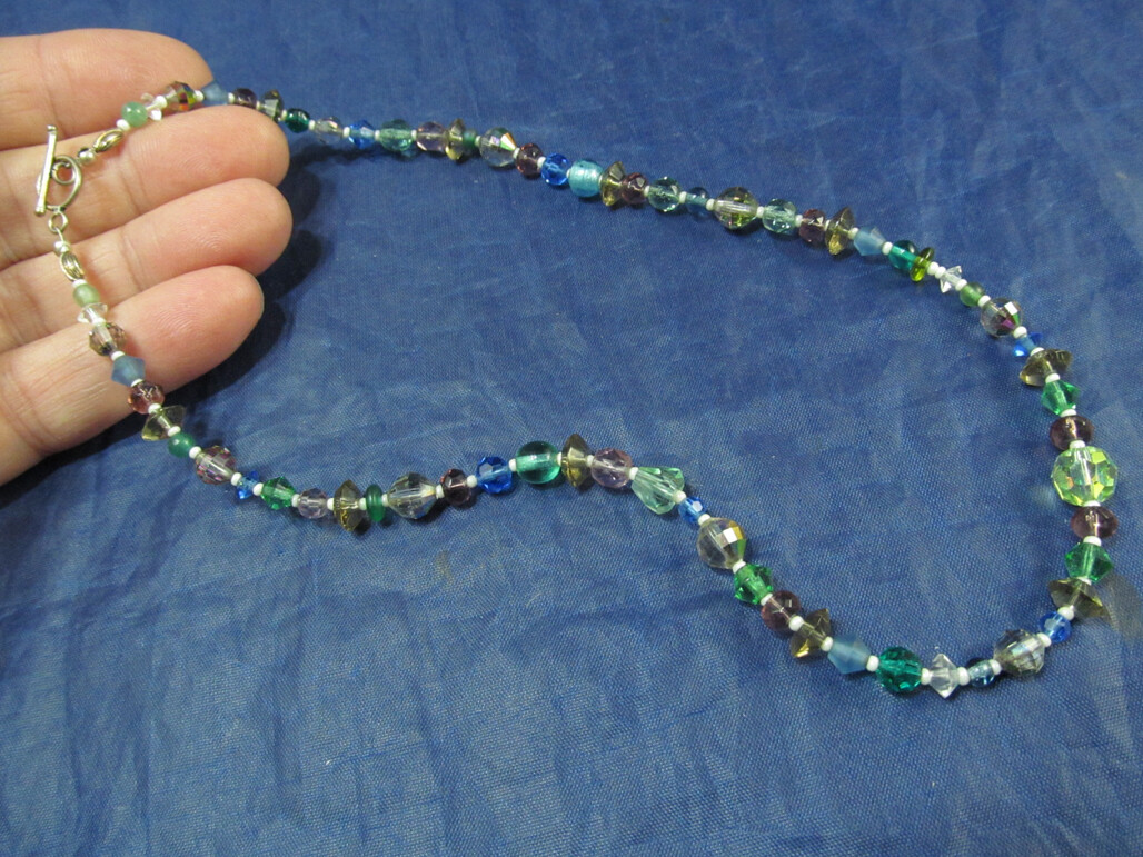 Artisan AB Crystal Purple Blue & Green Faceted Beaded Necklace 17.5″