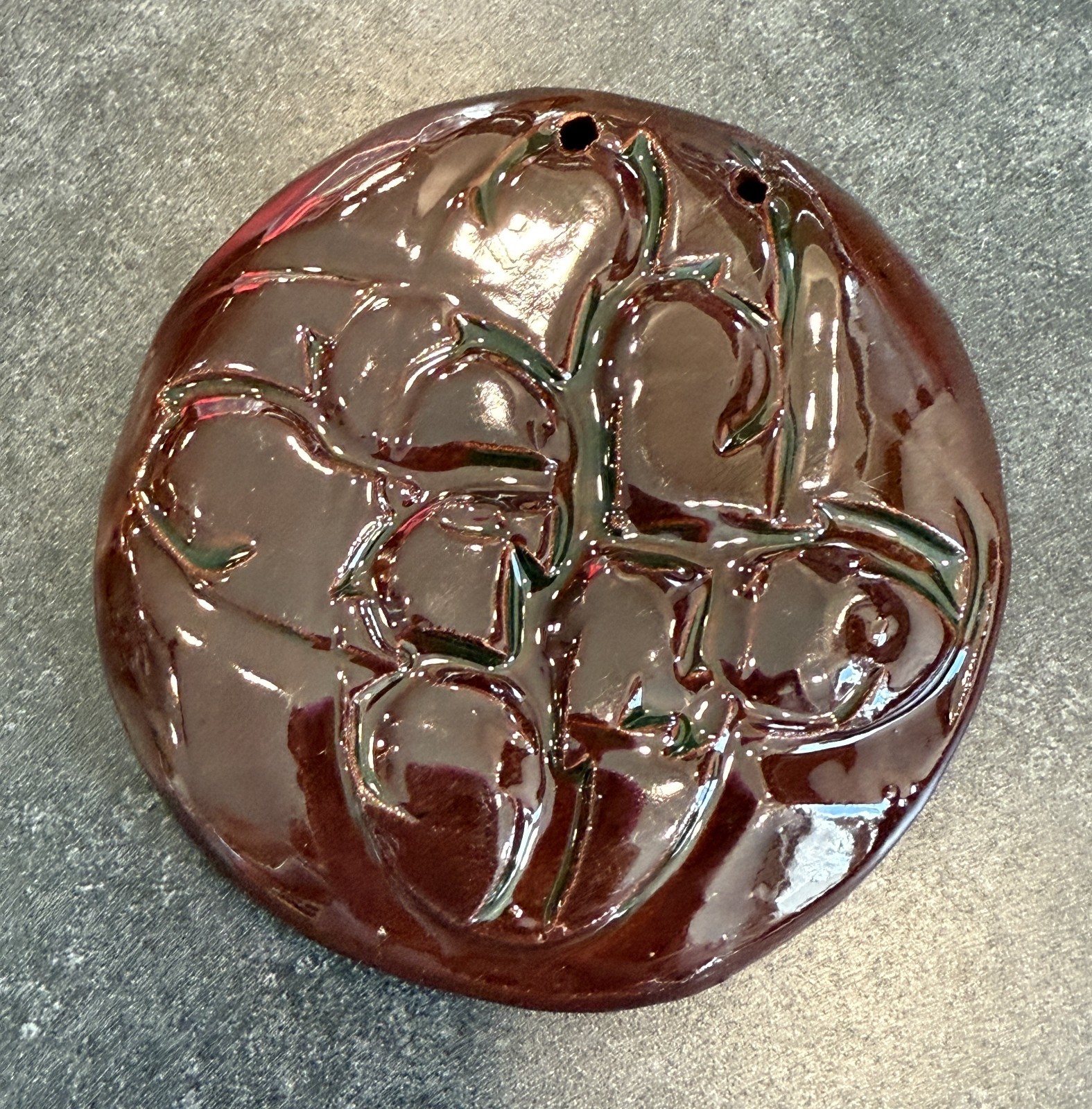 Pendant Artisan Hand Made Brown Glazed Pottery Clay Signed CBS 1972 Era