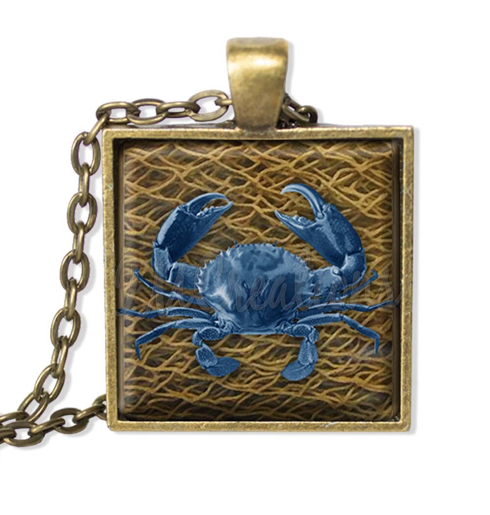 Blue Crab Summer Nautical – Handmade SQUARE Glass Pendant Necklace 25mm