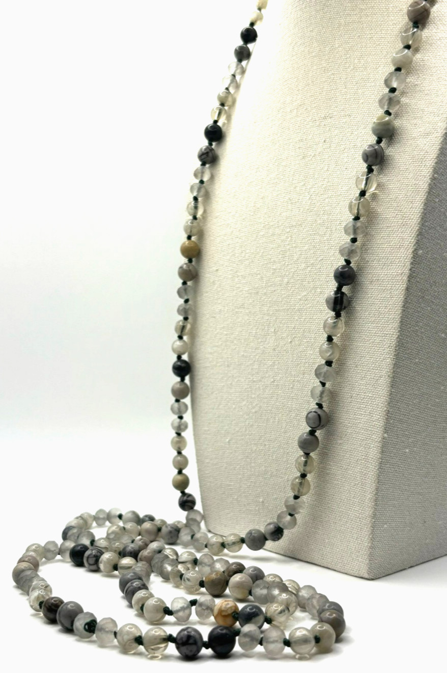 Gray Black Tan Marbled Stone And Glass Beaded Green Hand Knotted Long Necklace