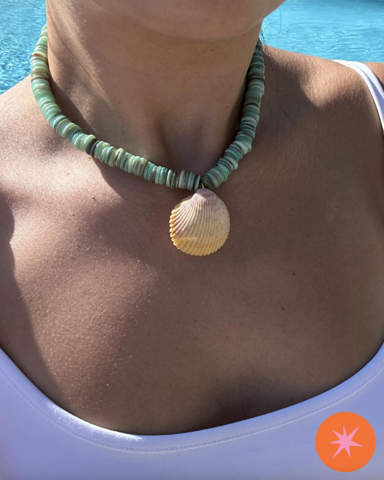 Green Heishi Beaded Shell Choker Necklace 14k Gold Filled Prickly Cockle Jewelry